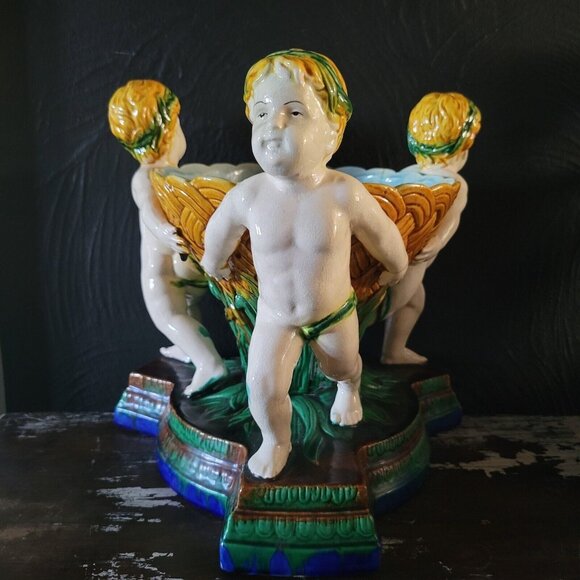 Large Vintage Majolica Bowl With 3 Putti Holding Bowl, Large Ceramic Centerpiece - Picture 1 of 6